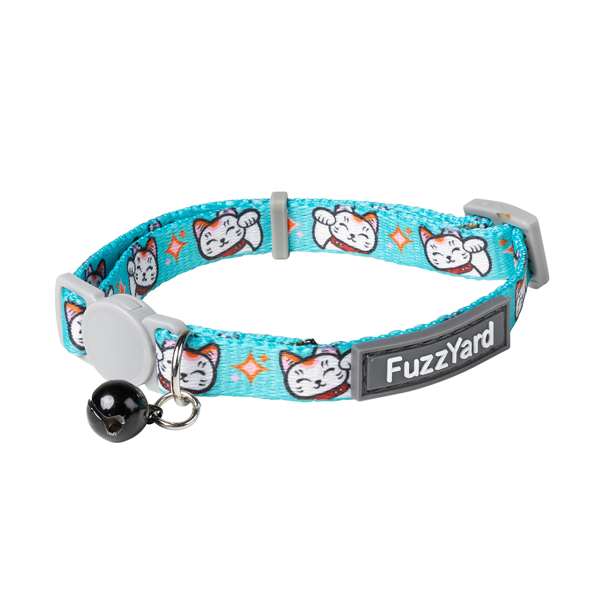 FuzzYard Lucky Fur Tune Collar con Broche de Seguridad Patrón Maneki Neko para Gato, Azul