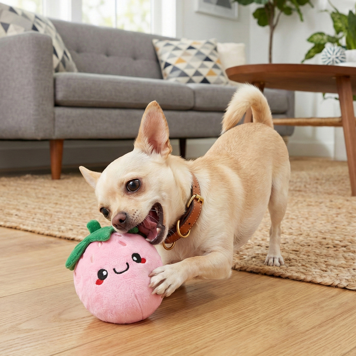 HugSmart Picnic Time Fresa de Peluche con Pelota Interior para Perro, Mediano