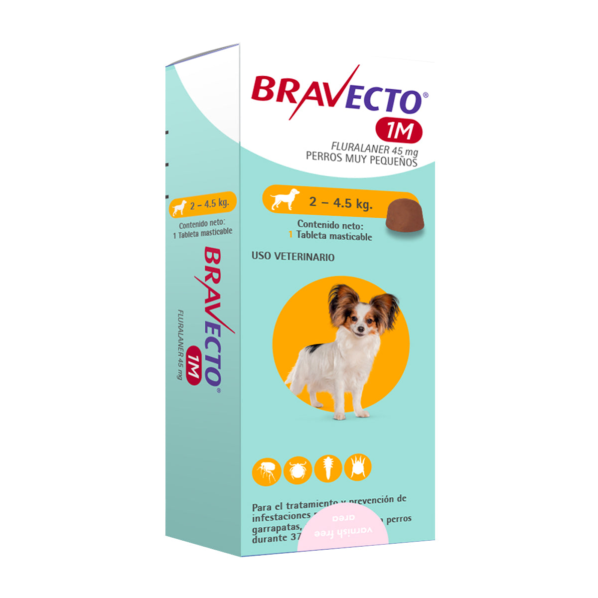MSD BRAVECTO - Tableta Antipulgas Para Perro De 2 A 4.5 Kg 45 Mg 1 Mes de Protección