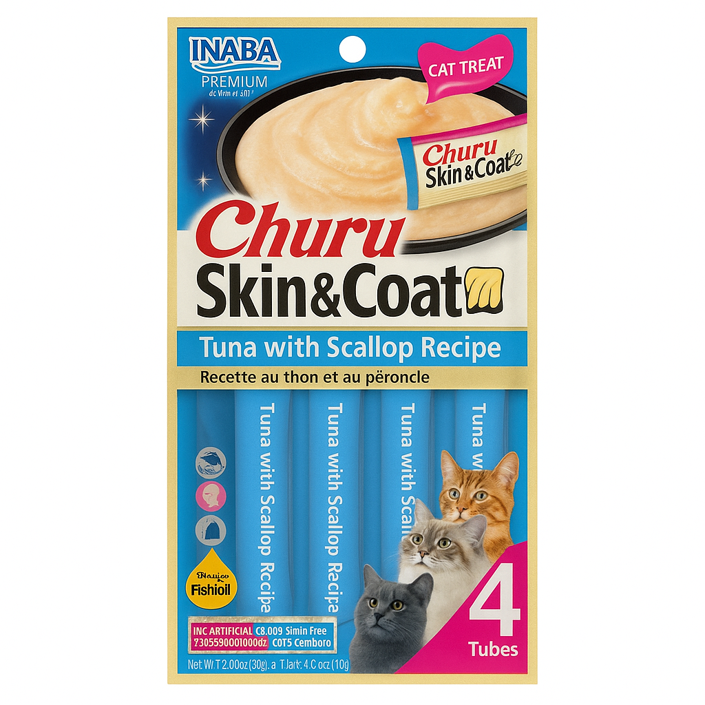 CHURU - Premio Para Gato Premium Skin & Coat Atún Con Escalopa 4 Pzas