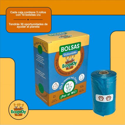 ECOPETLY -  Caja Con 30 Bolsas Para Heces De Perro Hidrosolubles En Wc
